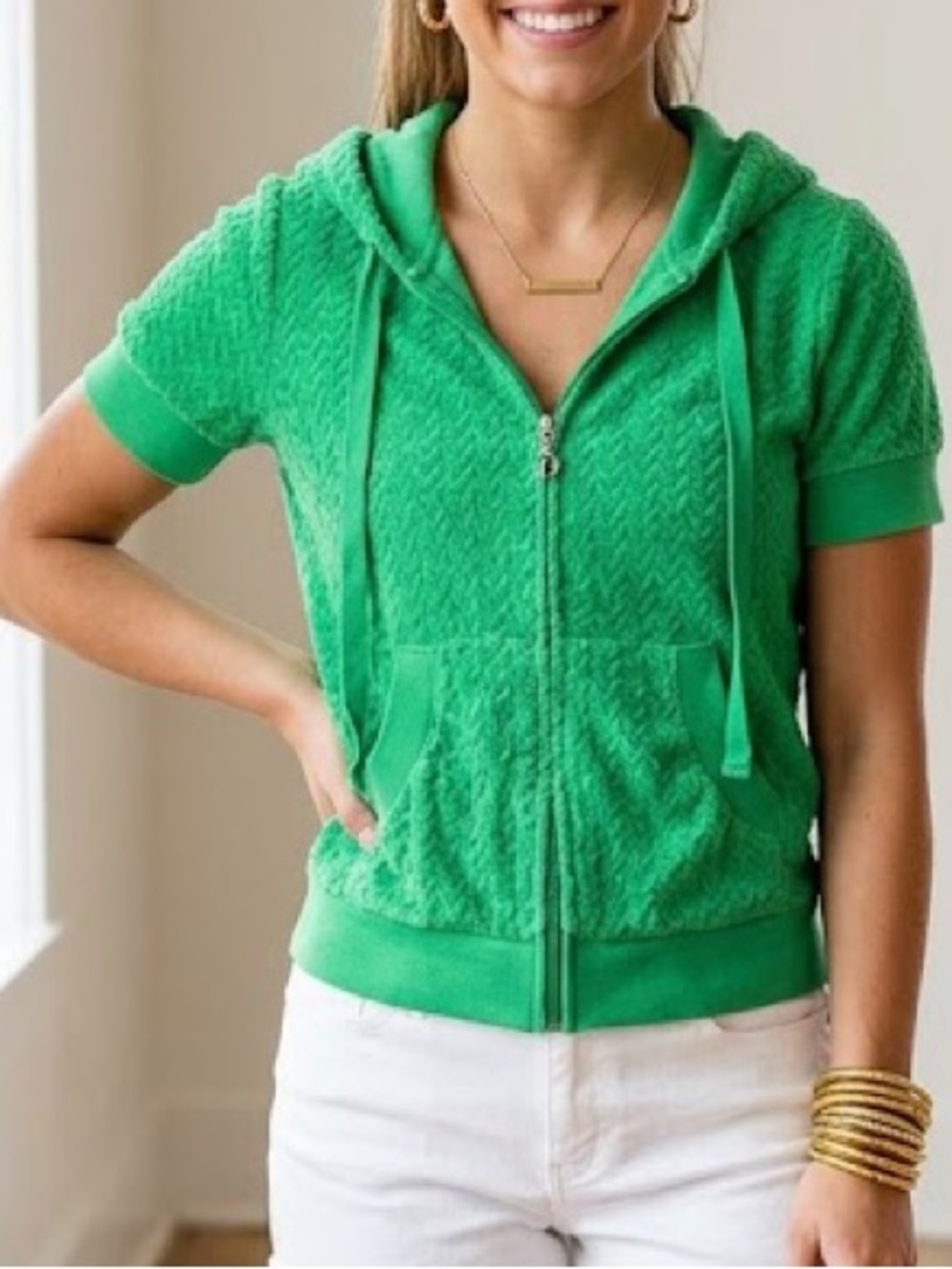 Y2K Poof! Short Sleeve Green Zip-up Heart Hoodie Medium